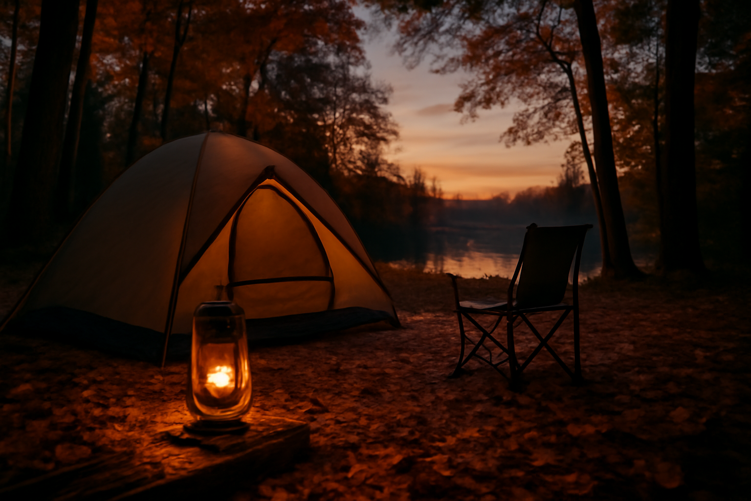 コラボサングラス:夕暮れのキャンプサイトでランタンの光に包まれる様子を想像させる静かな風景