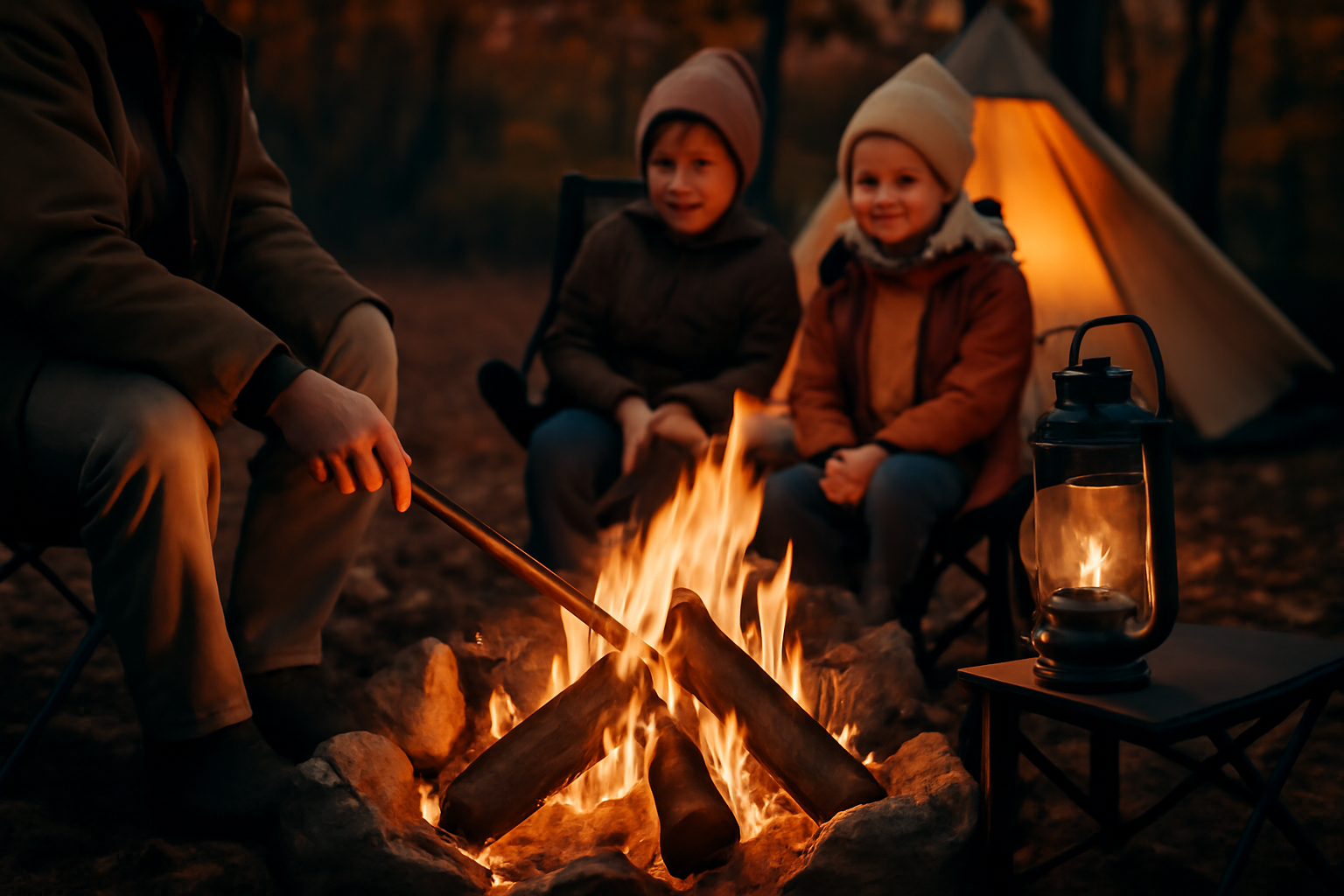 秋行楽ギア大特集:夕暮れの焚き火を囲む家族と試用中のギアを近接で写した情景写真
