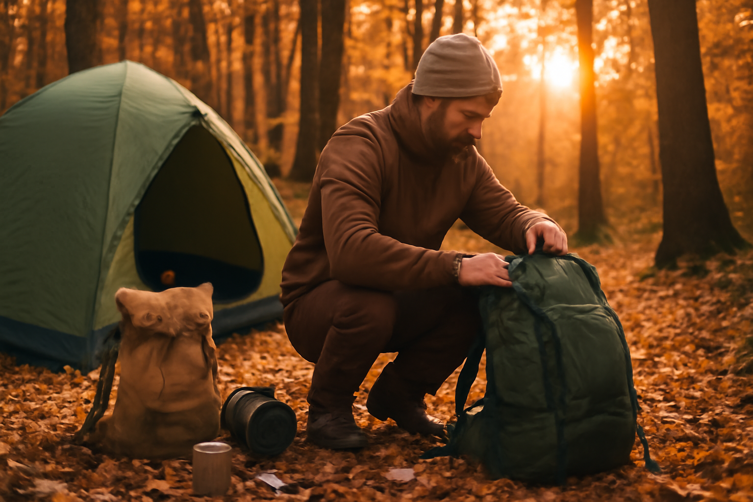 秋ギア厳選:週末の森で次のアクションへ向けてギアを整える風景、夕暮れの柔らかい光の一枚。