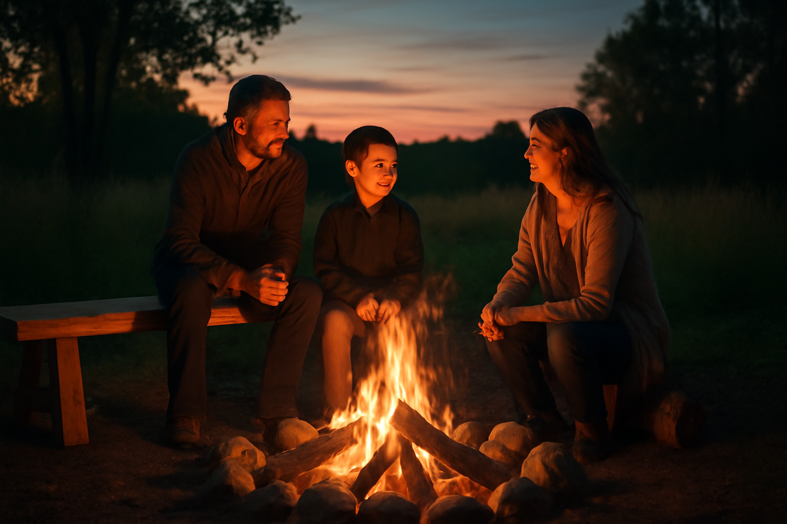ベルピール 夜の焚き火で温かさを感じるシーン、秋の夕暮れに家族がやさしく語り合う様子を示す写真