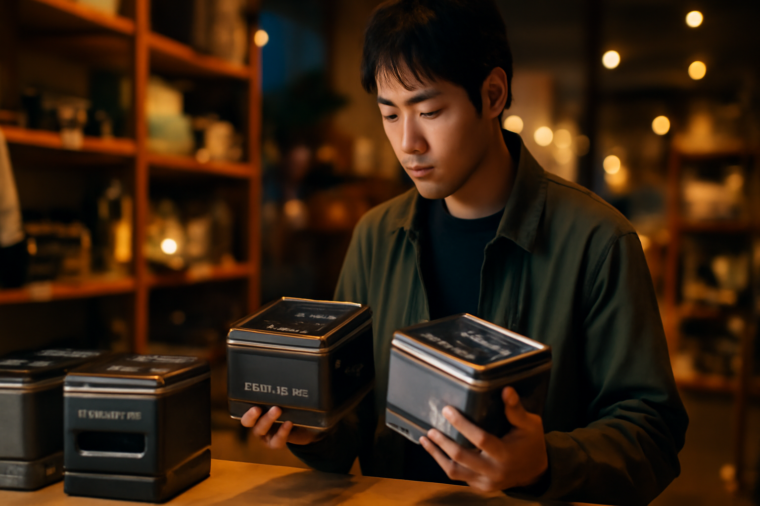 缶ストーブEXを店頭で実際に手に取り比べる様子、夕方の暖かな光が差す屋内の写真