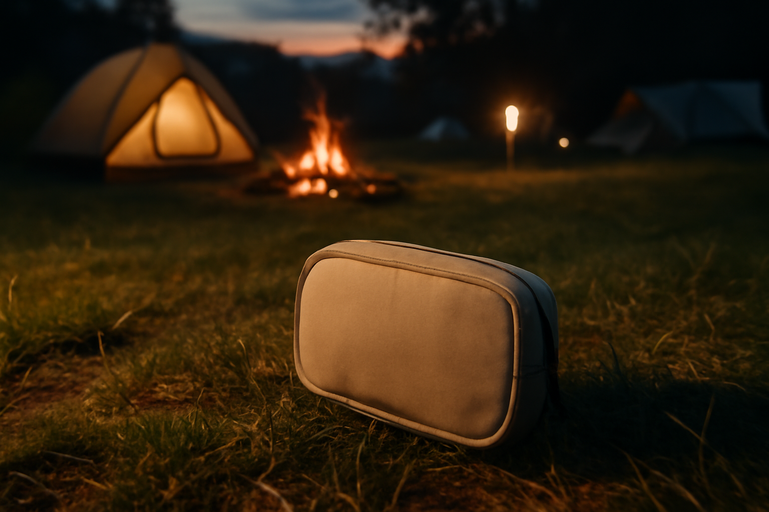 グラスケース:夕暮れのキャンプ場で次の行動を促すように置かれた製品を表現した画像です、持ち出し準備を促します。