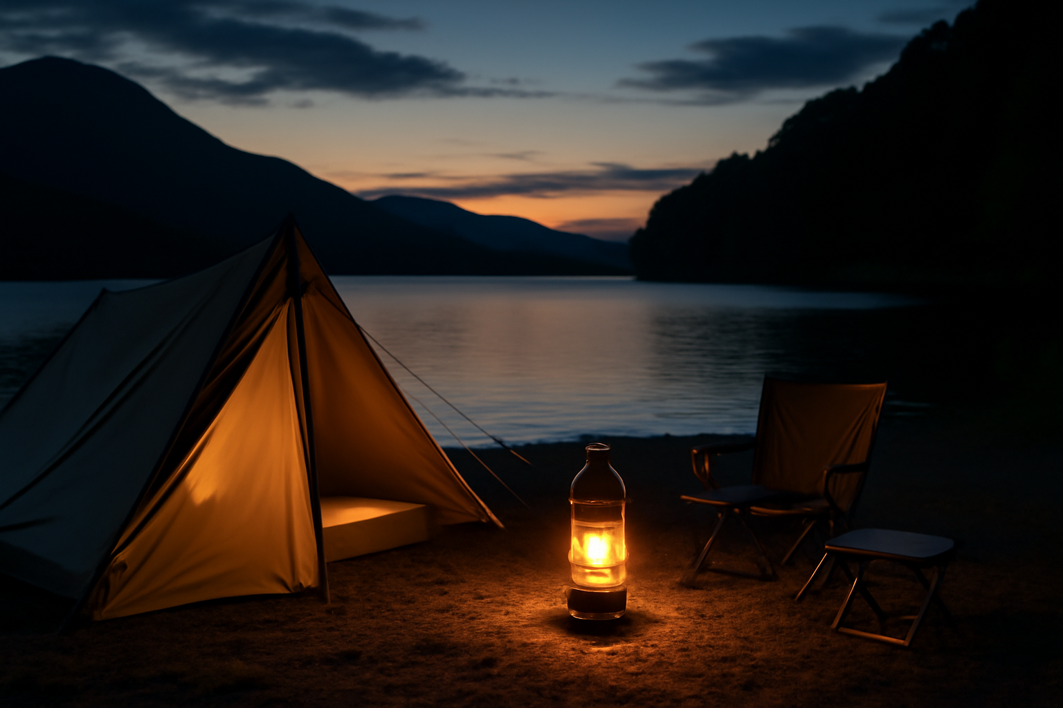 長く使えるギアで安心感を示す夜の湖畔キャンプ、ランタンの柔らかい光が家族やひとりの次行動を促すように描かれた風景写真。