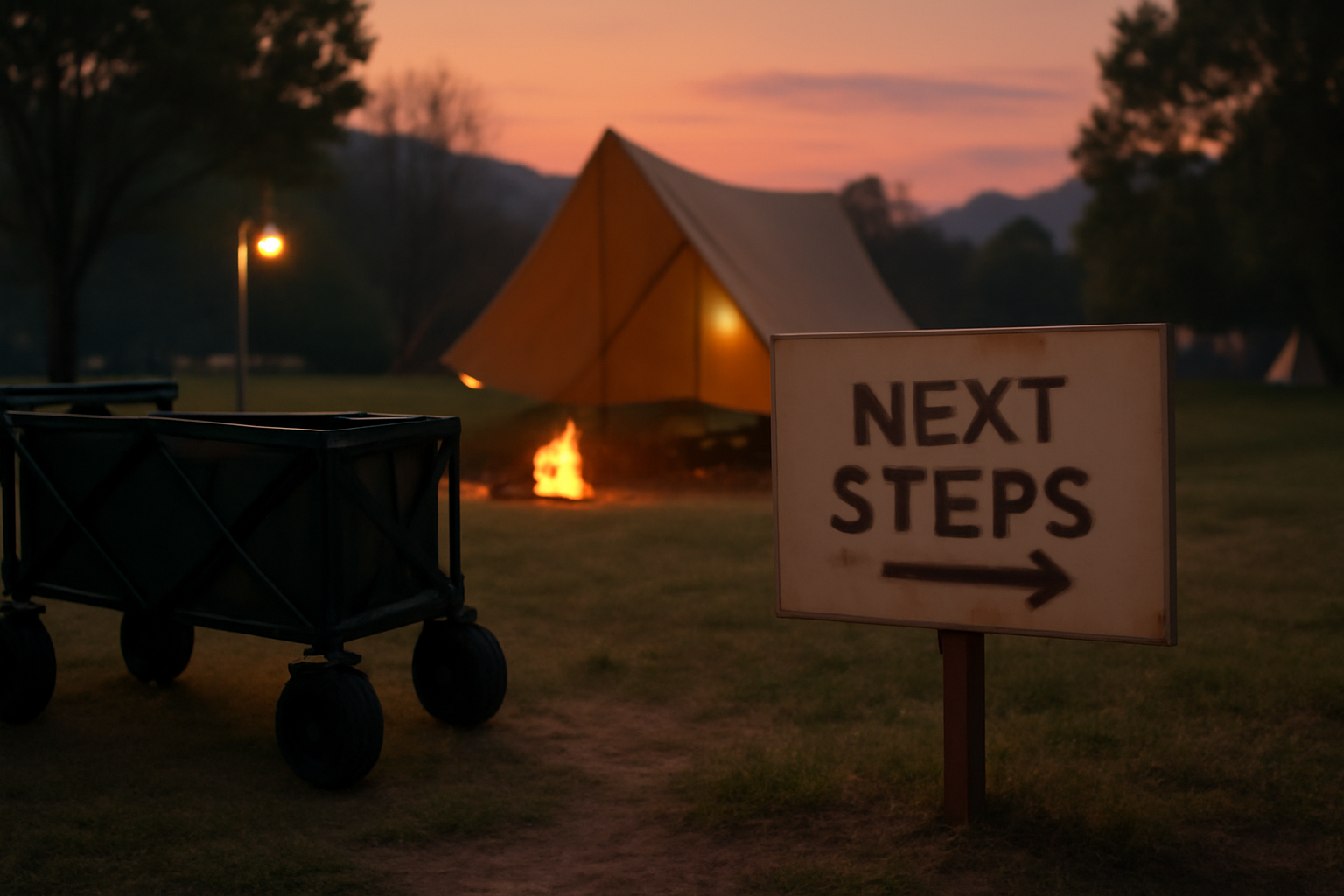 アウトドアワゴン 次の行動を促す橋渡しのイメージ、夕暮れのキャンプ場で優しい光に包まれる風景