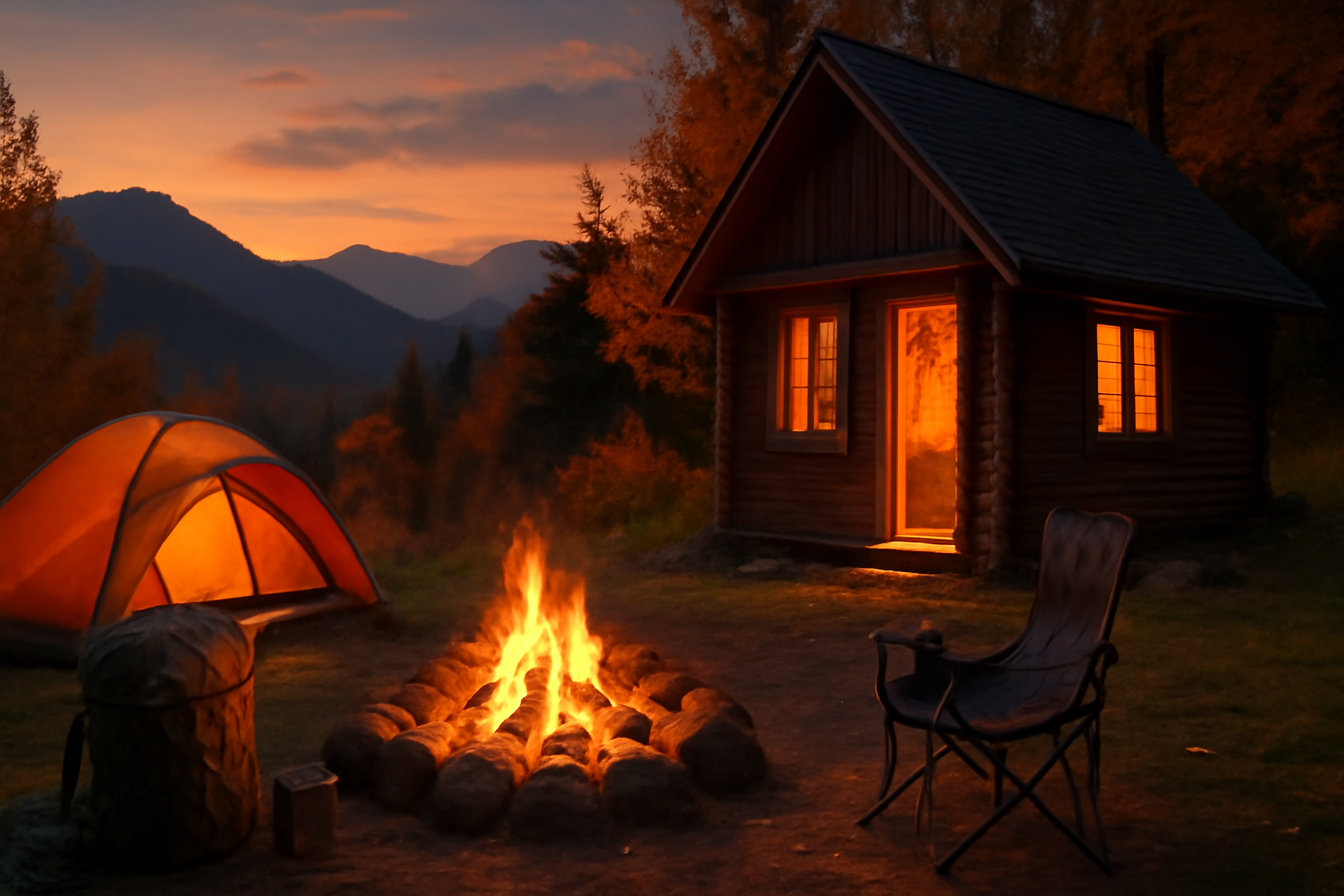 キャンプ用品選び方:夕暮れの山小屋と焚き火で次の行動を促すような穏やかな風景写真