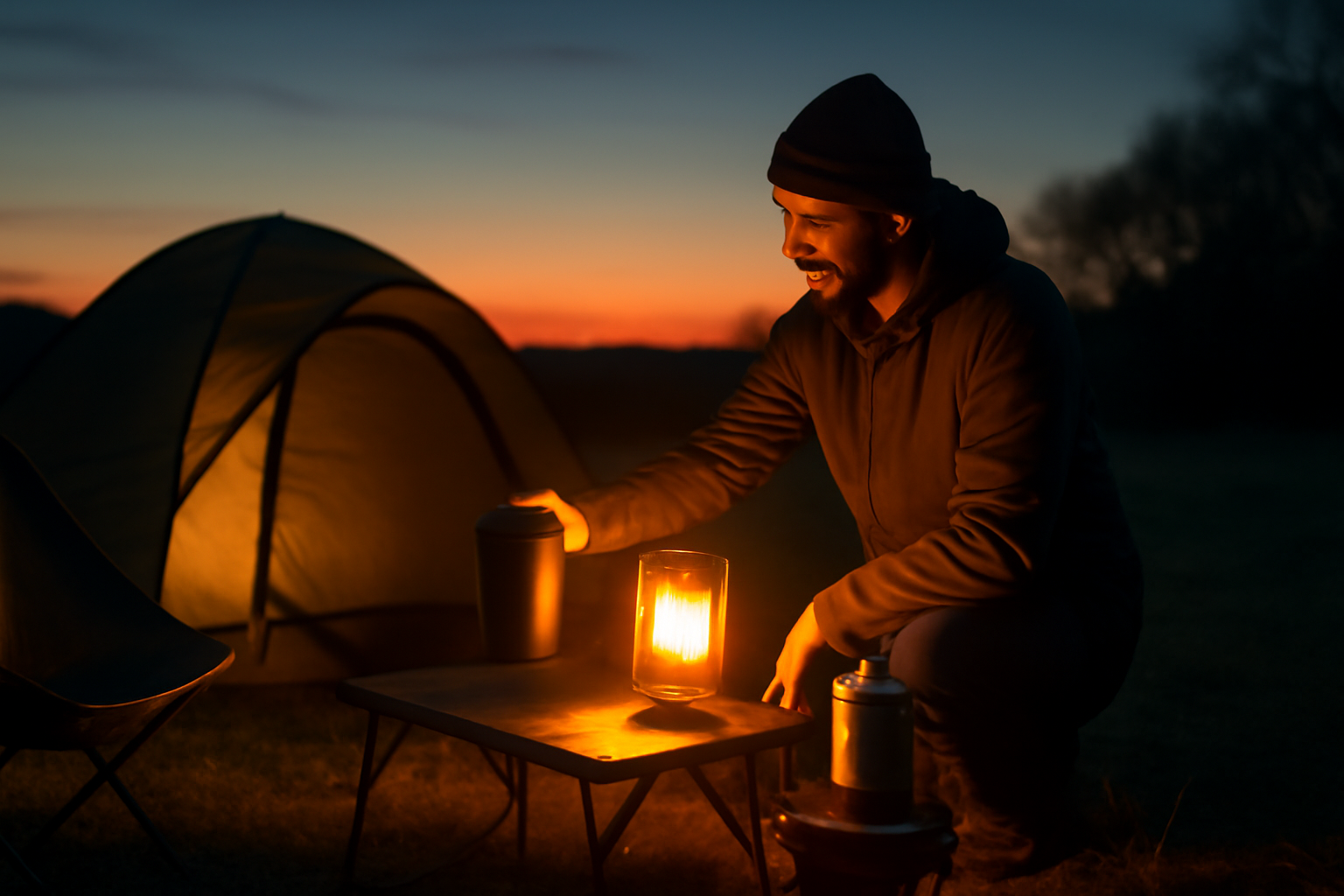 コーヒー保存容器を夕暮れのミニキャンプで手にする様子、ランタンの暖かな光に包まれた風景