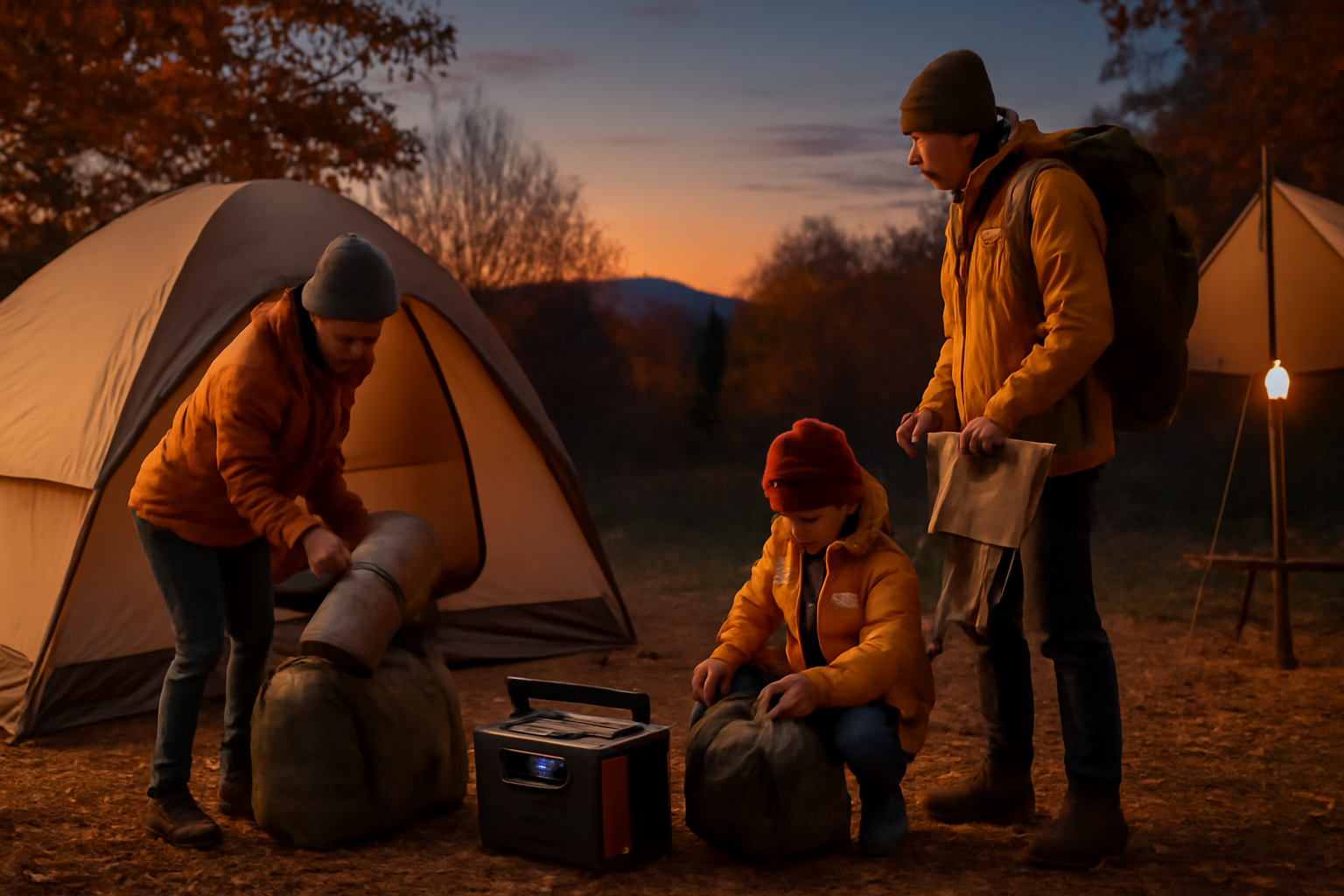 ポータブル電源活用：秋のキャンプ場で家族が装備を整えOscalポータブル電源の前で準備する夕暮れの風景
