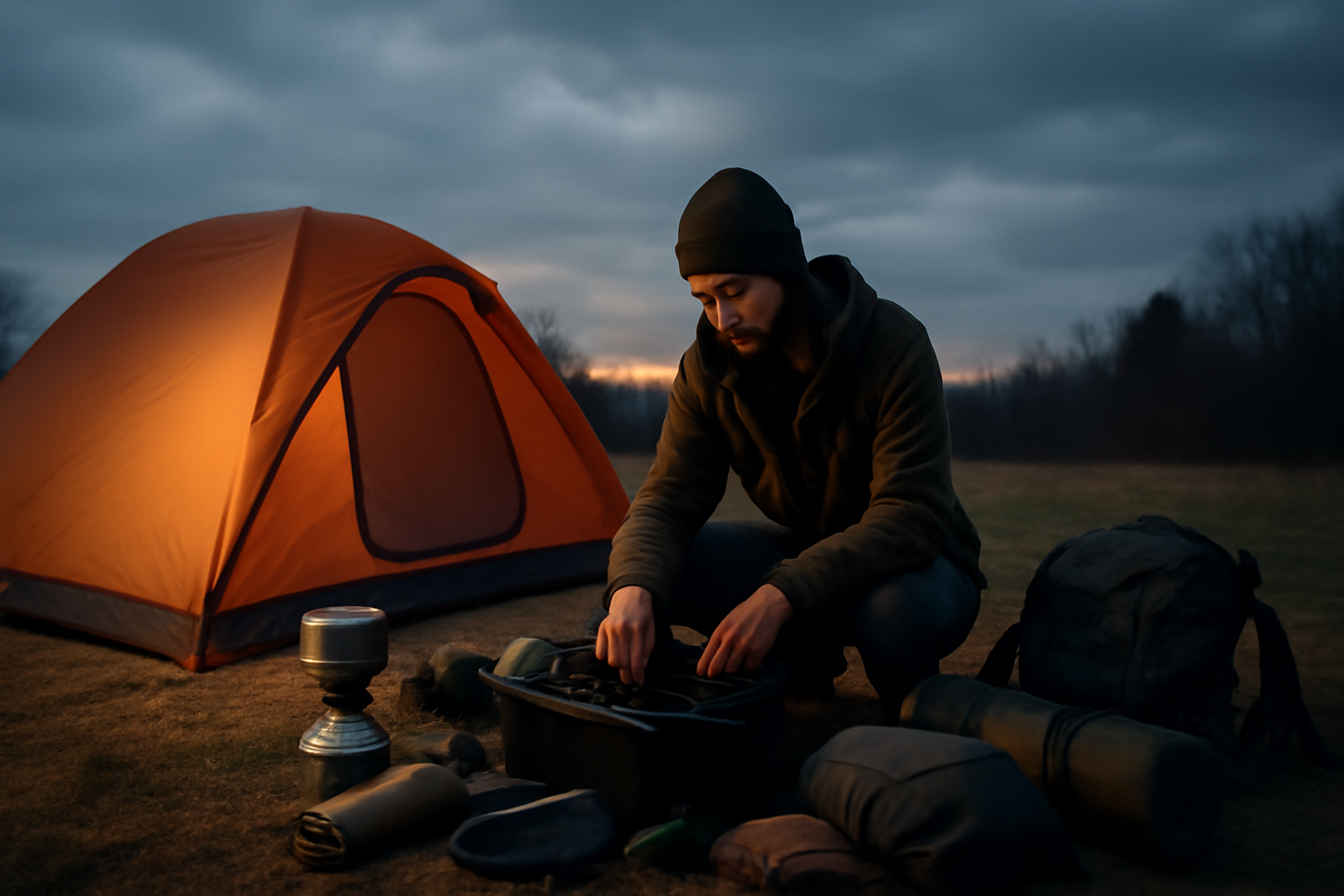 OscalPowerで次のキャンプに備える装備点検をする女性の夕暮れ、広角で撮影した実用的な雰囲気の写真