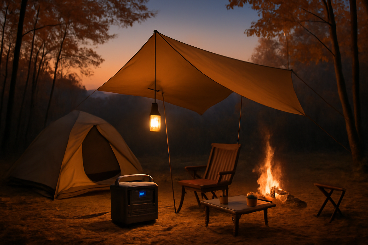 ポータブル電源選び方:準備が整ったキャンプサイトで実際に電源を確認する夕暮れの風景イメージ写真