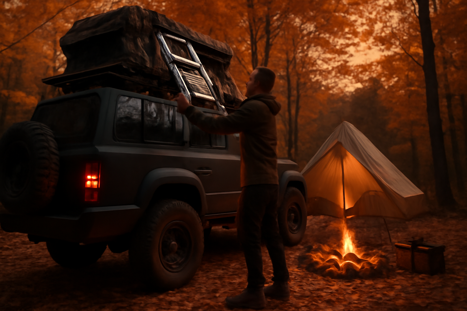 ラギッド ラギッドを使ってルーフキャリアへ荷物を載せる夕暮れのキャンプ場風景。装備と安全な作業を示す写真