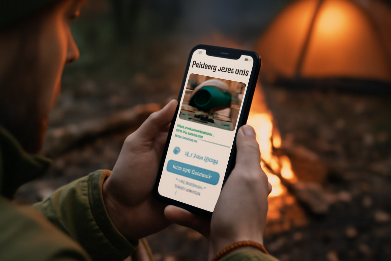 ベストナの購入を検討するキャンパーが夕暮れのサイトでスマホ画面を確認しているシーンを横長で描写