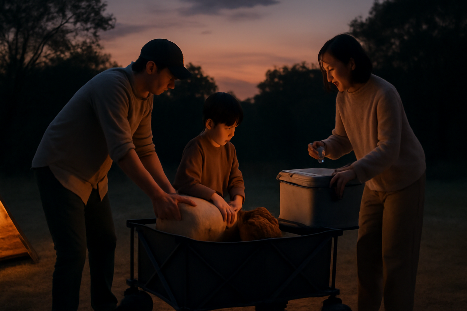 アウトドアワゴンNXで夜に片付けを進める様子。薄曇りの夕方、家族が協力して荷物を整理する温かい雰囲気を写実的に表現。