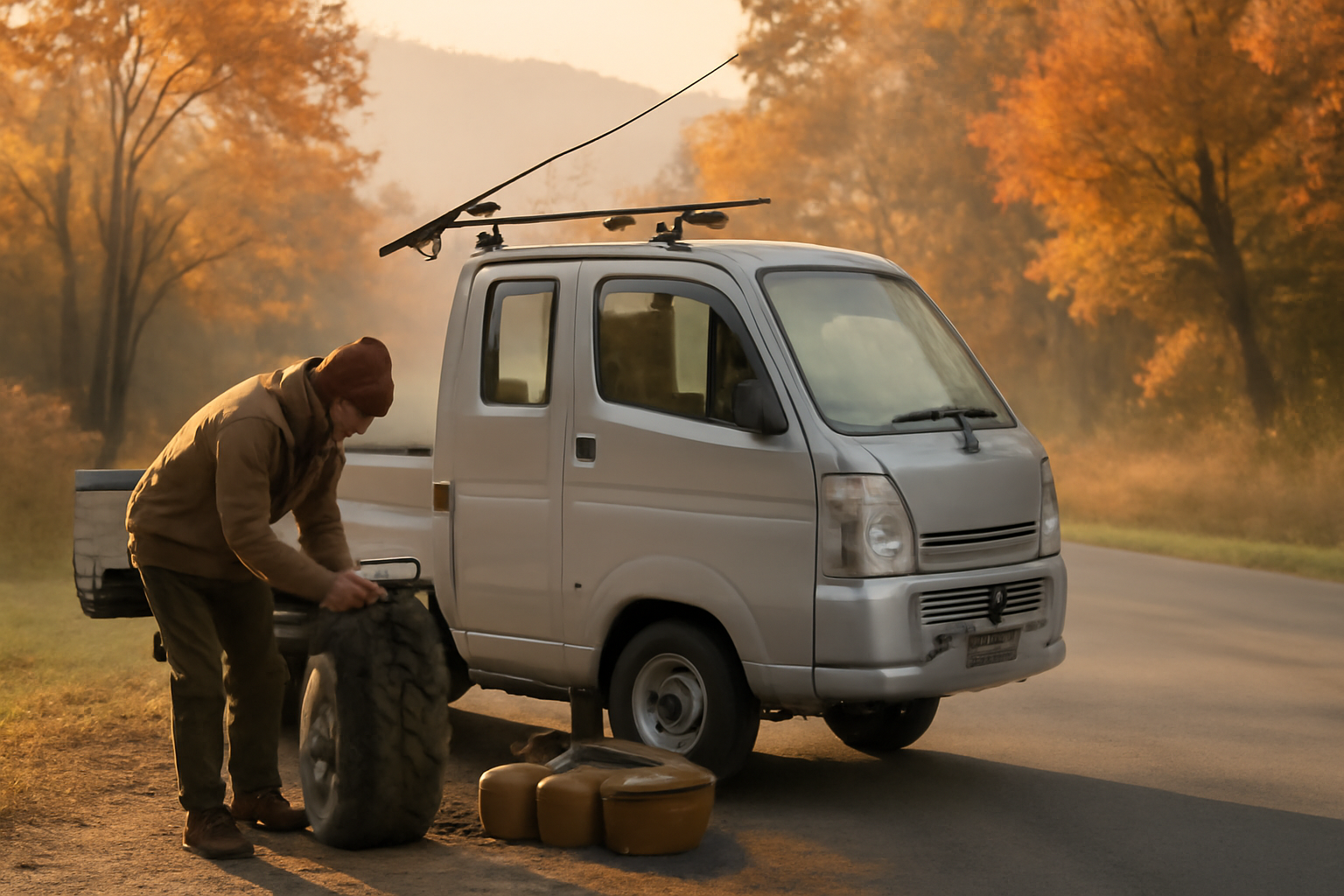 ワンピロッド積載を試す秋の朝、軽トラ横で装備を点検するキャンパーの様子が写った写真。穏やかな朝の光。
