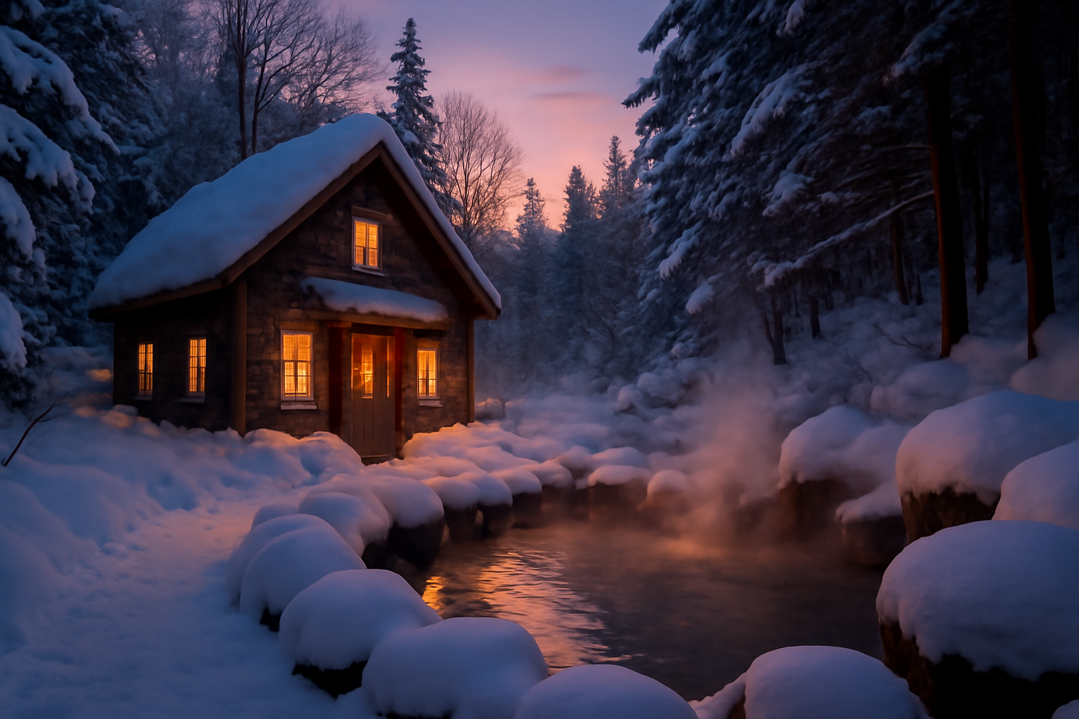 飛騨高山で冬にコテージや温泉へ切替える優しい提案を表す、夕暮れの雪景色と暖かい光のコテージの写真。