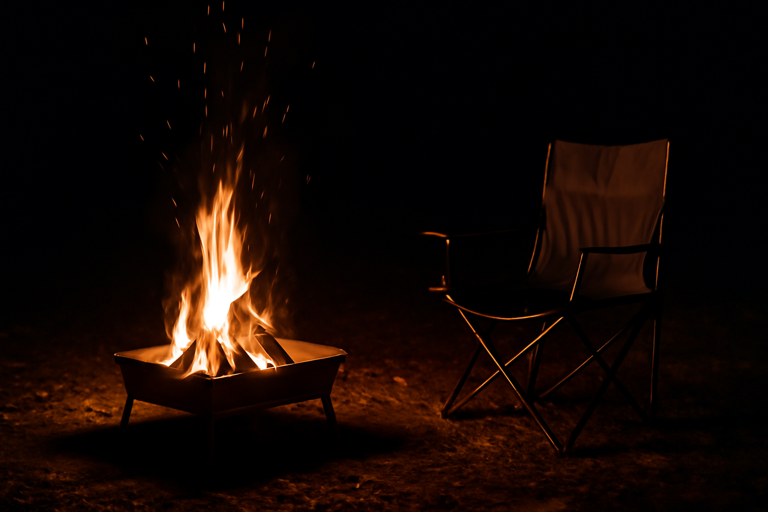 夜の焚き火と椅子の風景、焚き火台の輪郭が見える