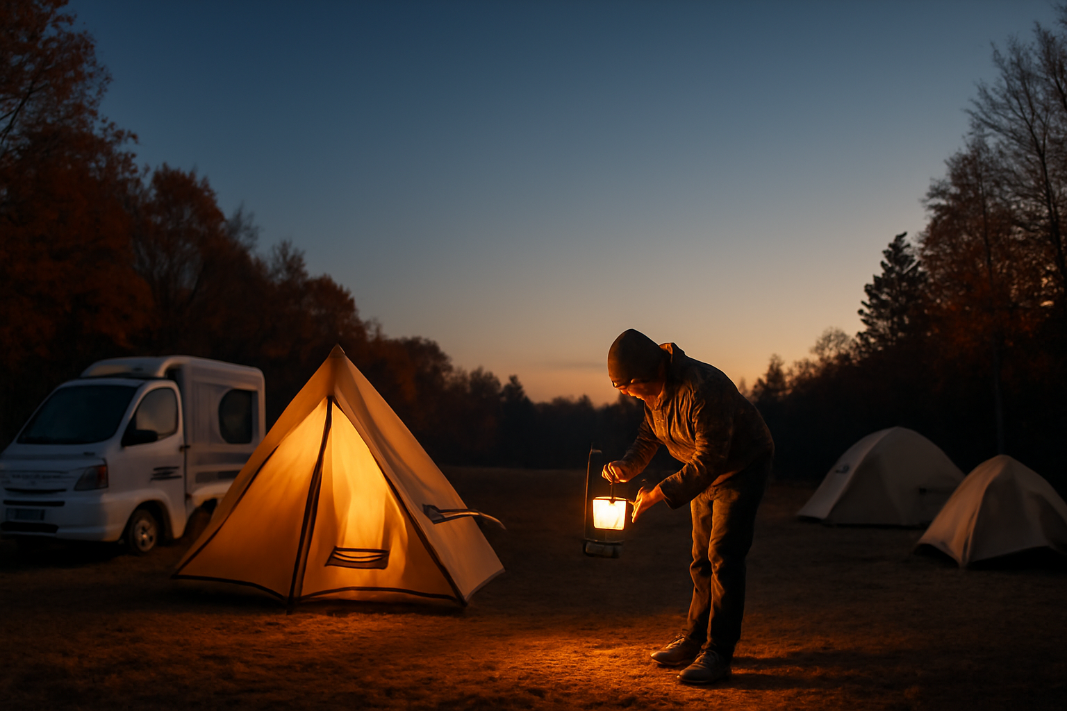 トラレール軽トラ生活:夕暮れの秋キャンプで安全チェックをする様子を広角で捉えた風景、落ち着いた空とテントが並ぶシーン