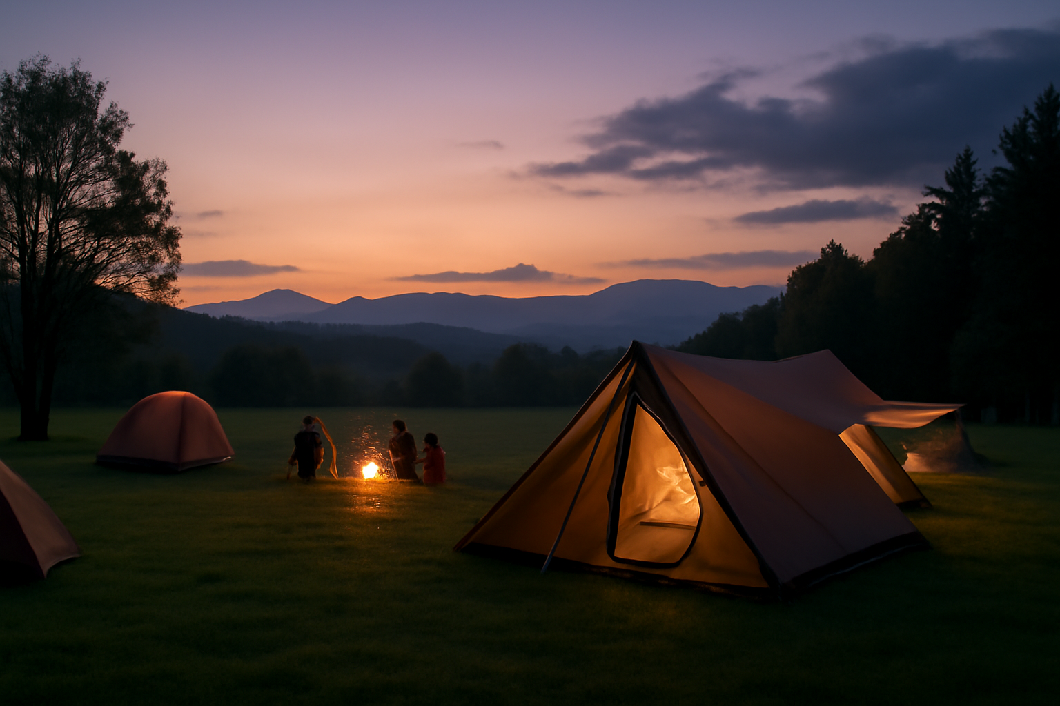 北見キャンプ交流会:次のステップを促す一歩として予約や天候確認をする場面を想起させる穏やかな夕暮れのキャンプ光景