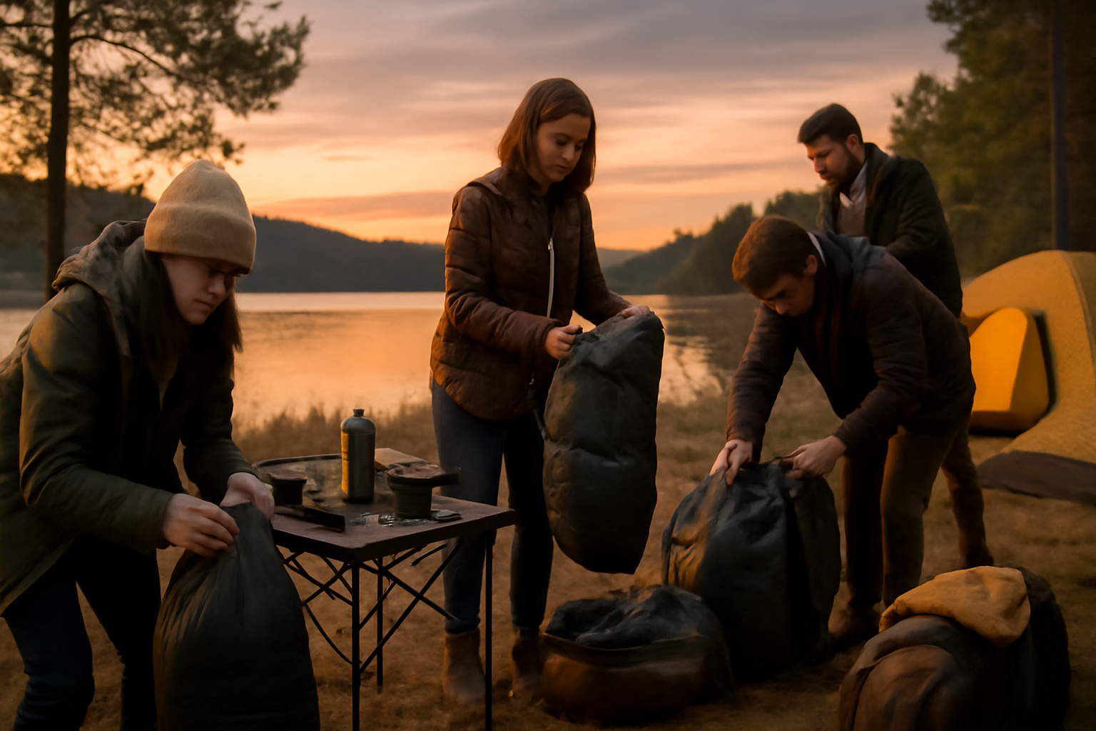 自然満喫バーベキュー:夕暮れに片付けをするグループの様子、暖かな光と湖風景