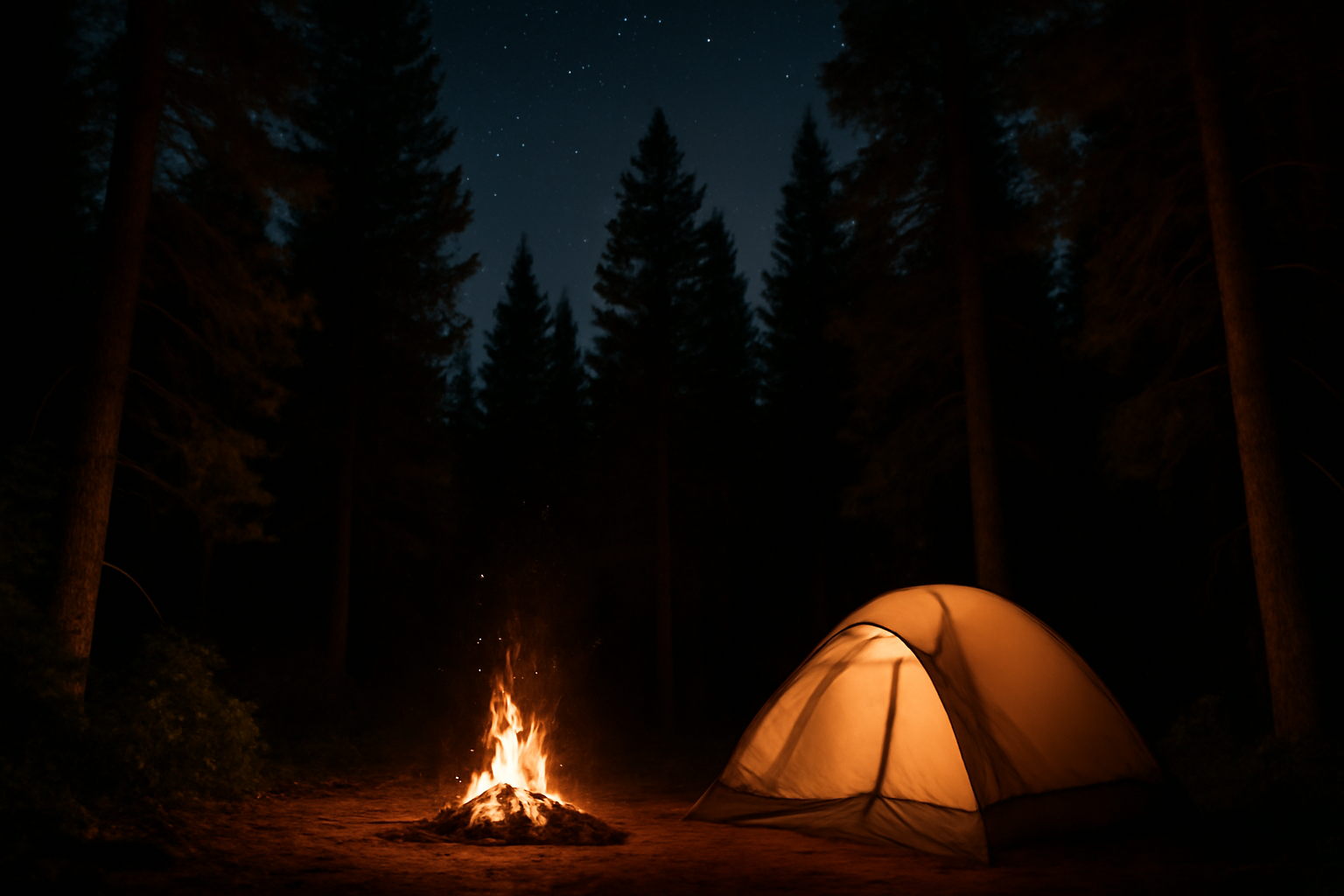 キャンプサイトの夜景を想起させる焚き火と森の雰囲気のイメージ