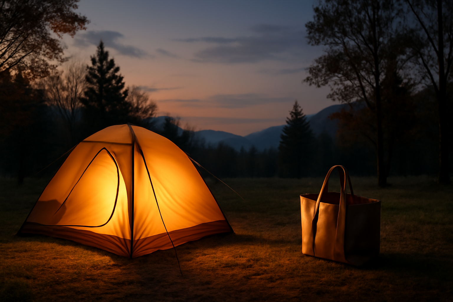 ニトリトートをキャンプ場で片付けに使い次の行動に移る準備を促す夕暮れのシーン。暖かい光で落ち着いた雰囲気。