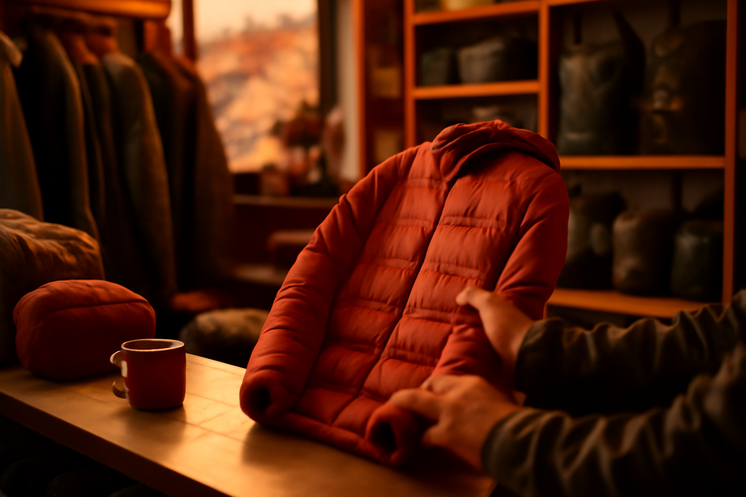 ムトスホムラの製品を手に取る店内風景。夕暮れの柔らかい光が商品を照らし、購入を後押しする雰囲気を写す写真です。