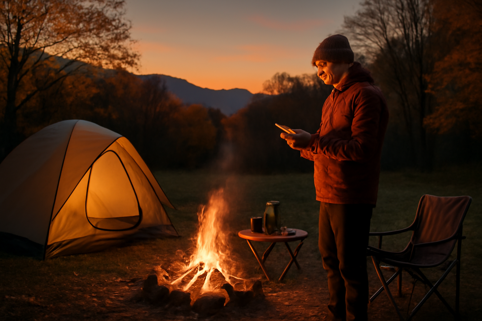 ノースフェイスセール：夕暮れのキャンプ場で在庫をスマホ確認する様子を示す実写風景、落ち着いた夕景