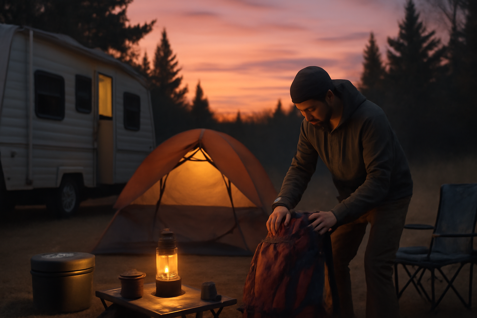 オルターフォート:エディターノートで促す行動を表現した夕暮れのキャンプ場で準備する様子の写真
