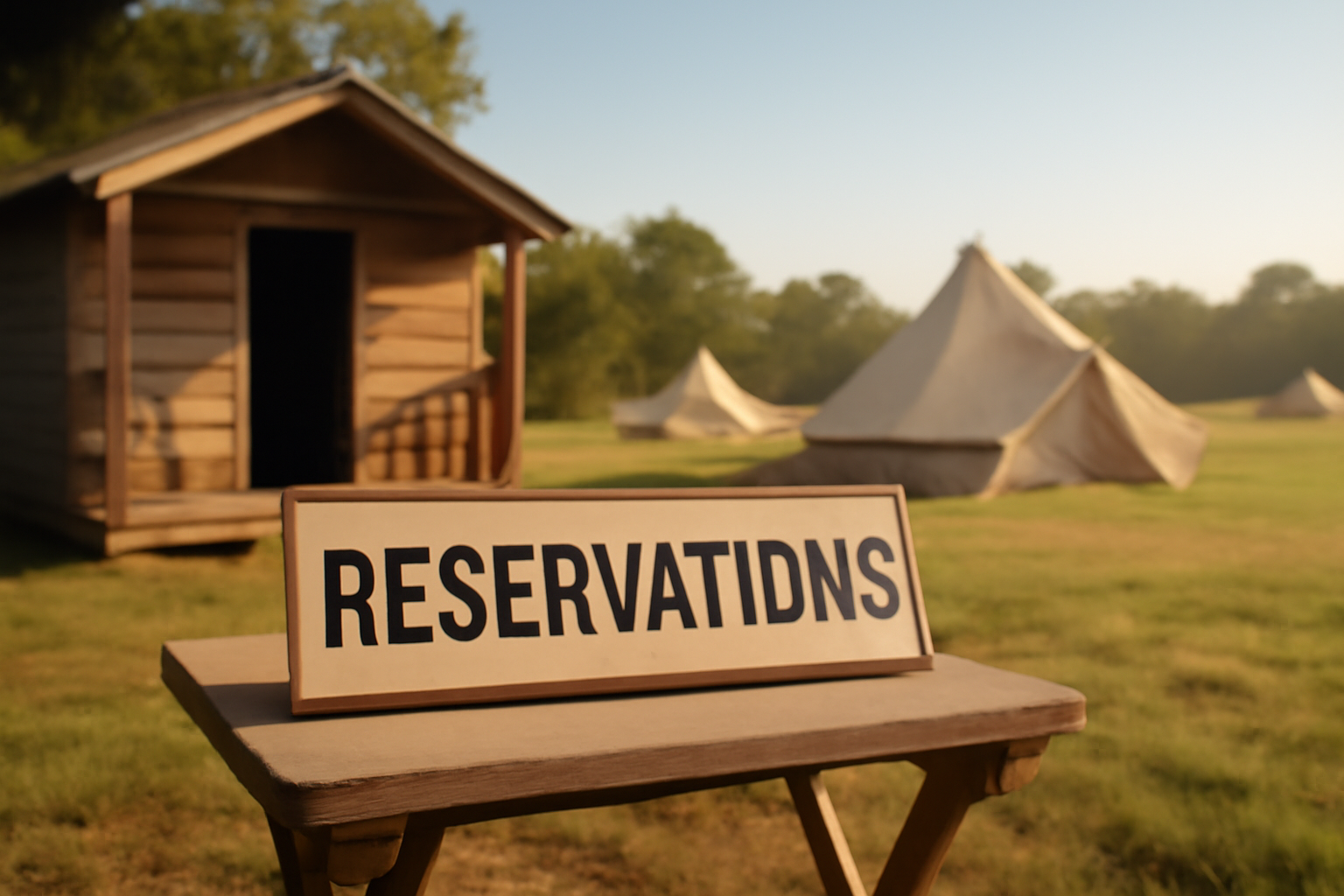 オルターフォートの予約を促す朝のサイト写真、晴天の受付とテントが並ぶ風景をソフトライトで撮影したもの