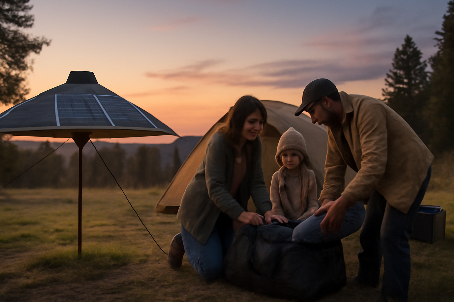 EcoFlowハット：キャンプ前の夕暮れ、家族が道具をまとめる風景に溶け込むソーラーハットの使用イメージを表現する写真