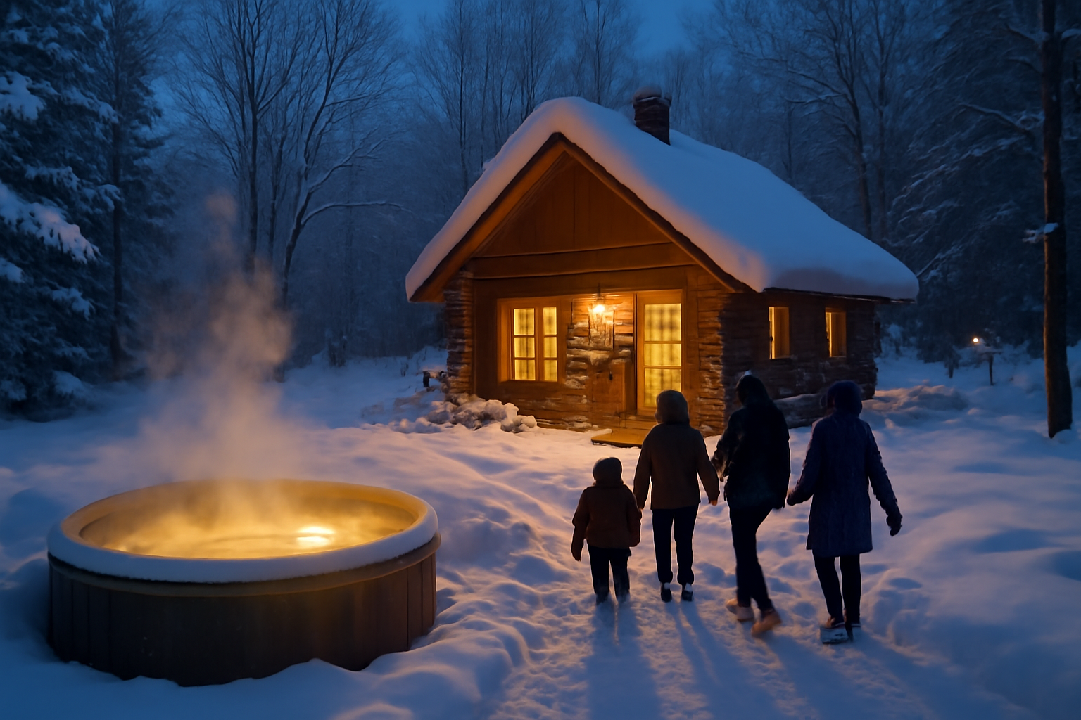 LScamp山中湖の冬、コテージと温泉を選ぶ家族の夕景、雪景色とやさしい光の広角写真で次の行動を促す