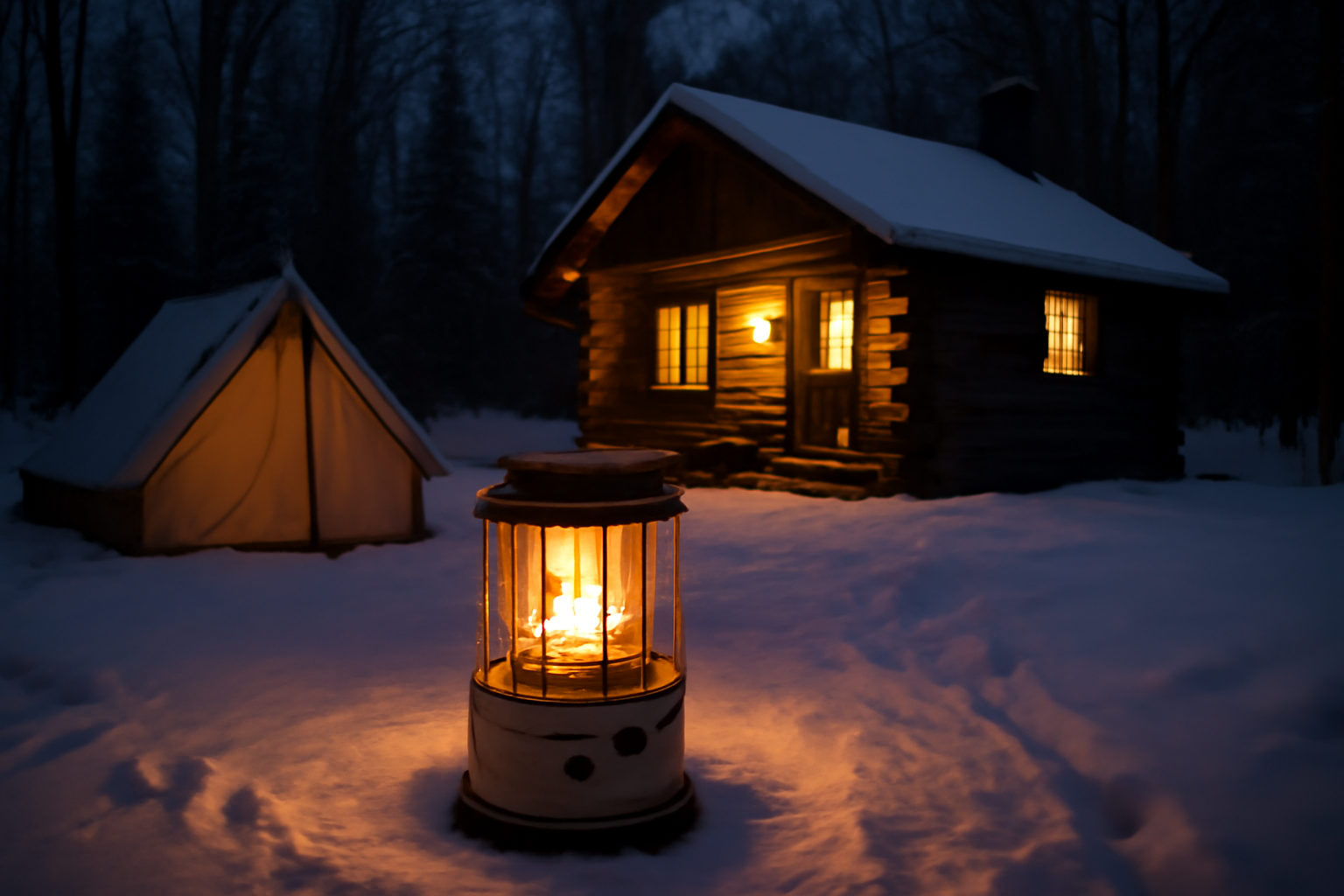 缶ストーブEXとコテージの冬の夕景。缶ストーブEXがある安心の場面を広角で捉えた写真で次の行動を促すイメージ。