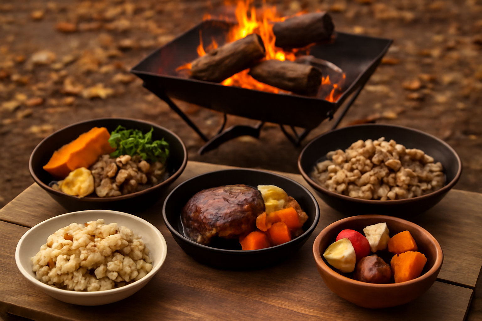 焚き火台の前で盛り付けられた秋のキャンプ飯の集合写真