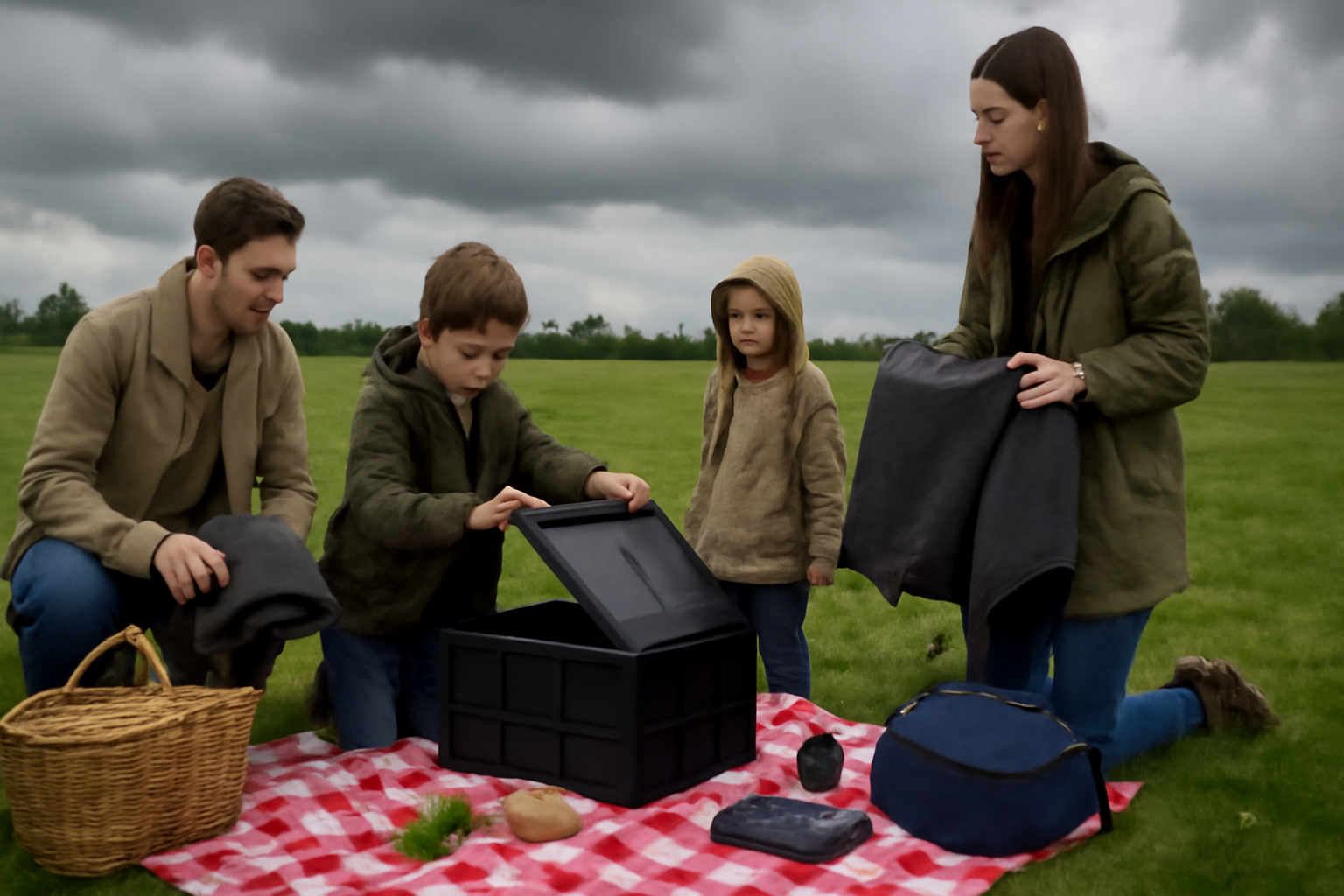 折コンテナ：悪天候時の代替案を用意する家族。曇り午後、広いピクニックフィールドで準備する様子を収めた写真です。