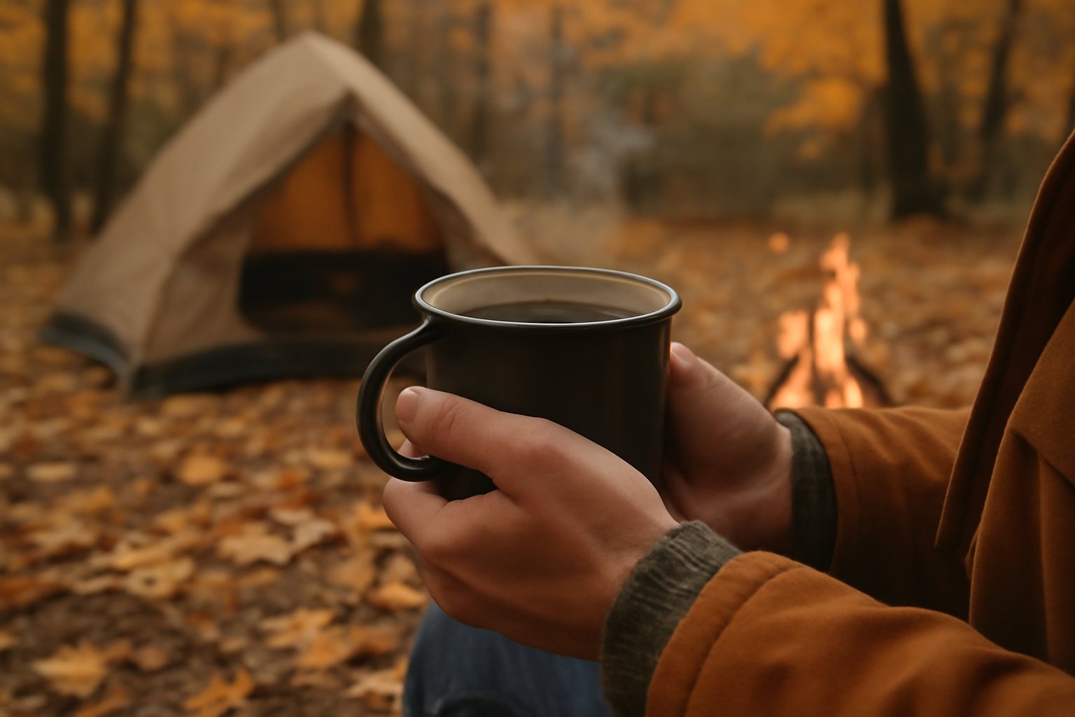秋のキャンプサイトでホットドリンクを手にするキャンパーの手元