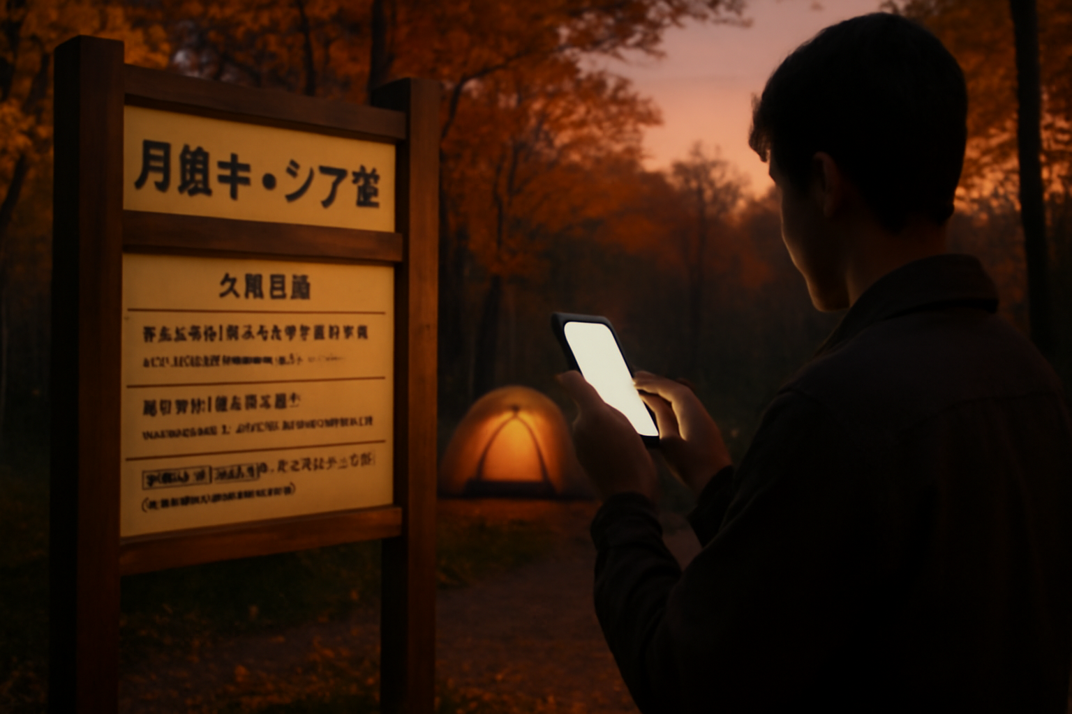 厚田キャンプ場の注意喚起をイメージした夕暮れのキャンプ場。厚田キャンプ場に関する情報確認や公式発表をチェックする行動を連想させる風景を描写しています。