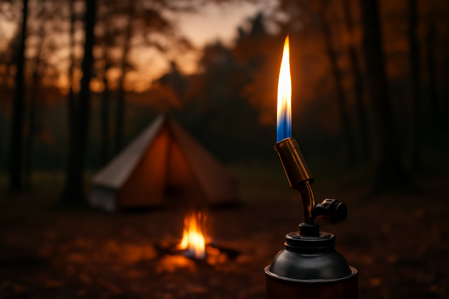 トーチバーナーⅡを秋の夕暮れキャンプで使う接写、静かな林間の雰囲気を伝える描写