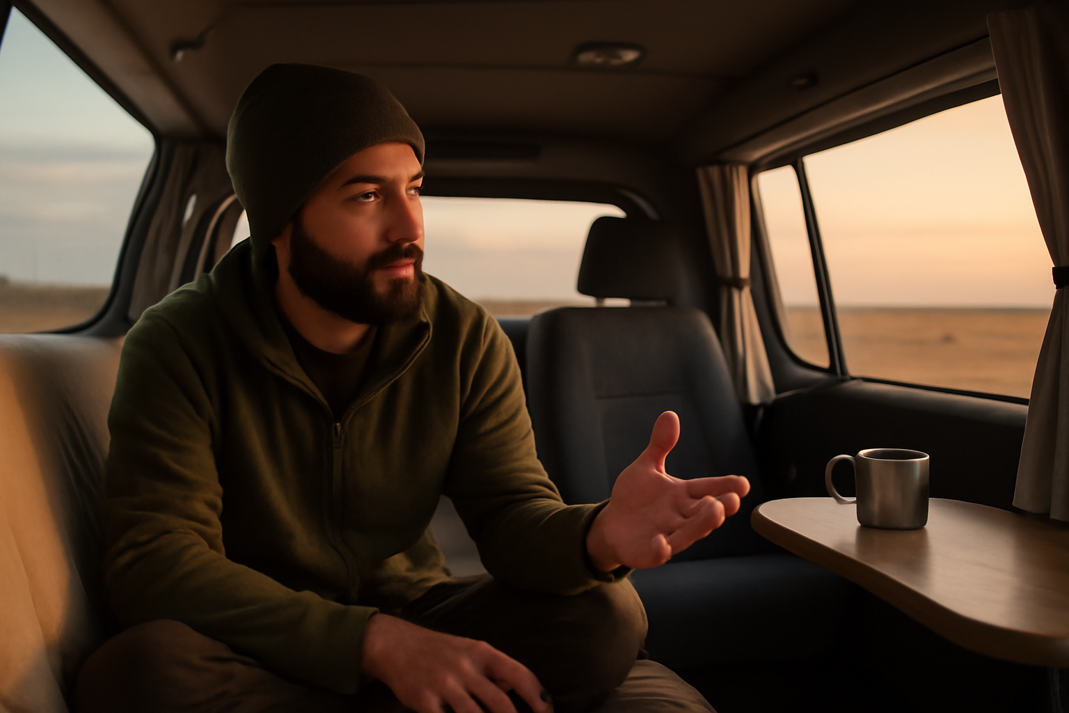ハイエースの車内で語るソロ旅の雰囲気を表現した写真の代替テキスト