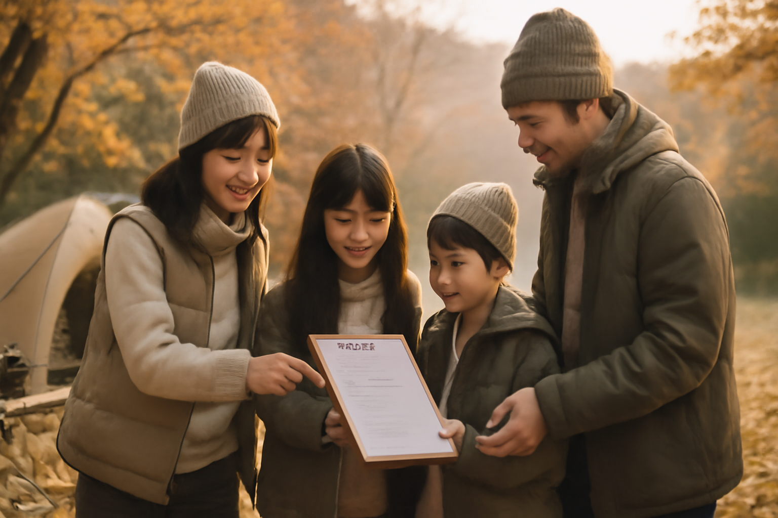 防災キャンプで家族が持ち物リストを確認する秋の朝、広角で柔らかい光景を捉えた写真