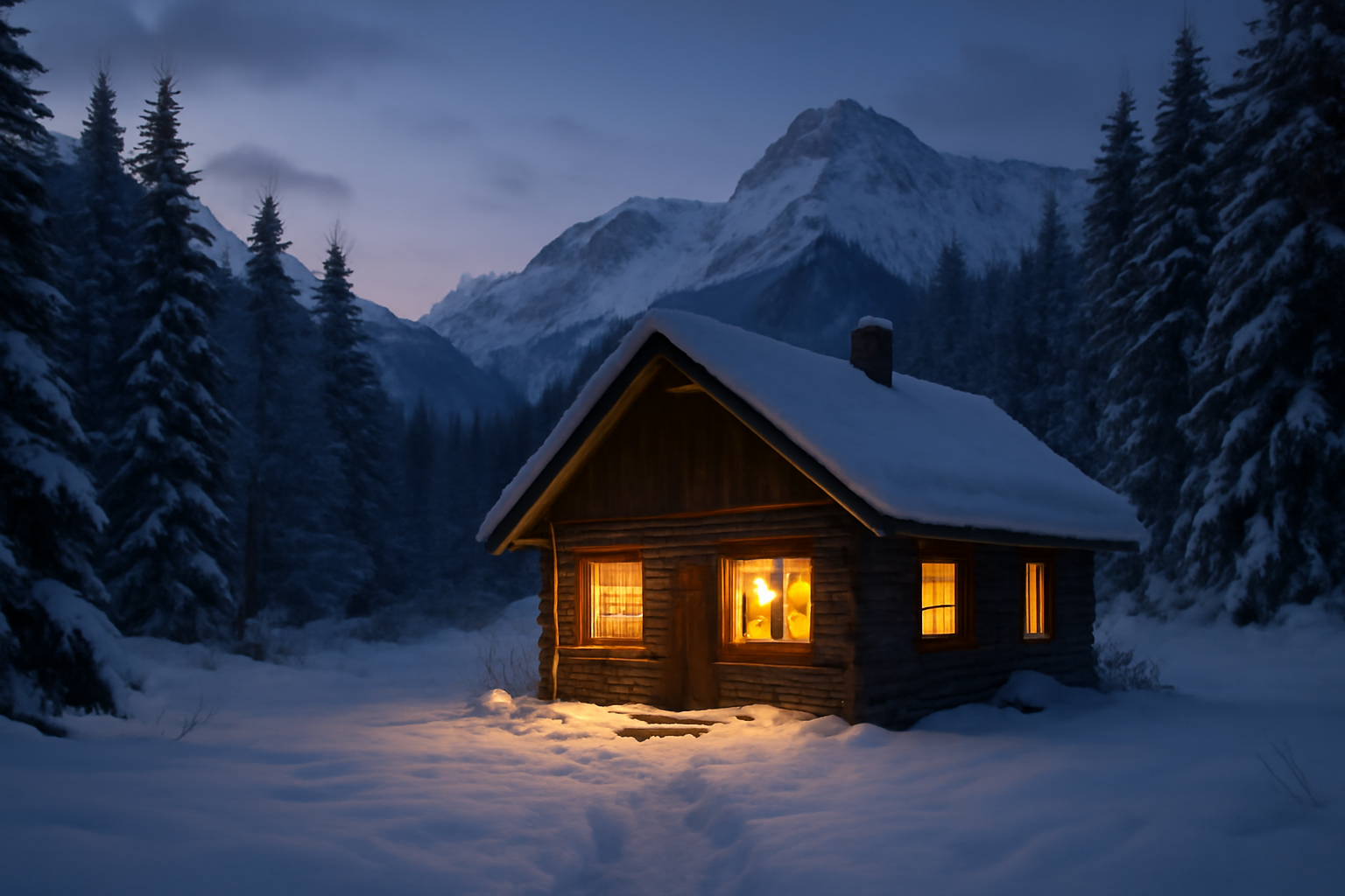 サクッとキャンぷら:冬の山里でコテージに切り替える案内を表す夕暮れの穏やかな情景、次の行動を促すイメージです