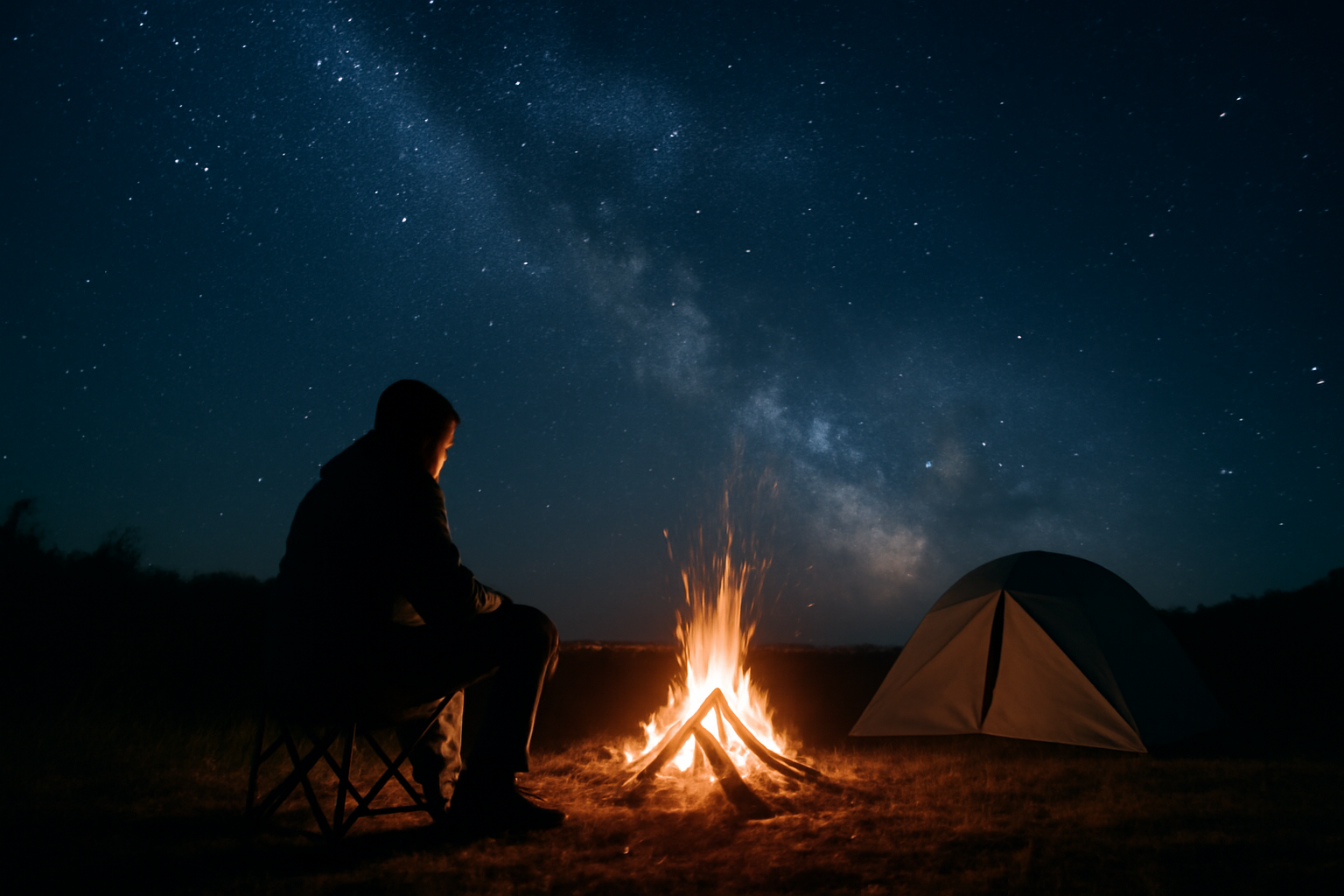 夜の焚き火とソロキャンプのイメージ、星空の下で一人座る