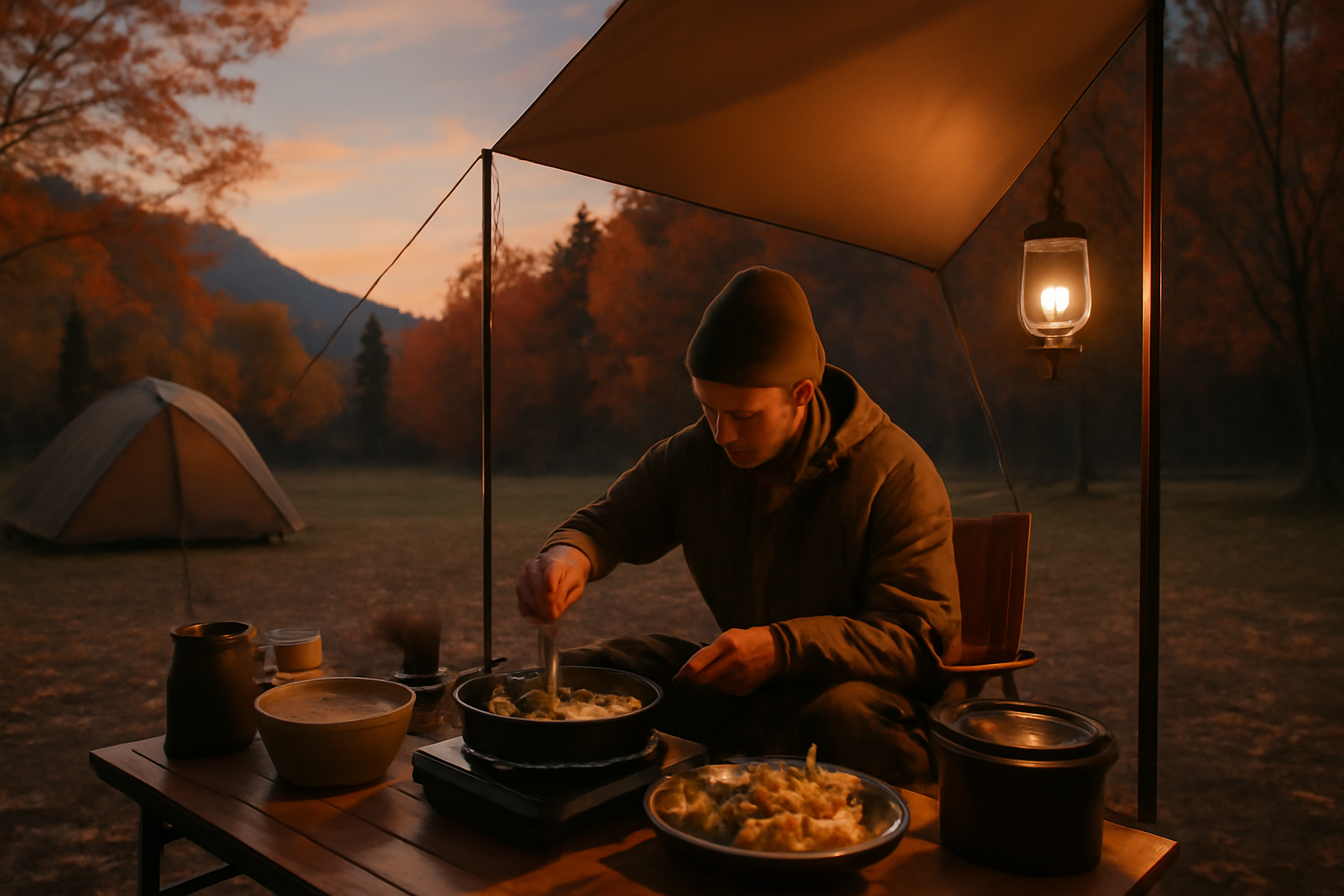 サクッとキャンぷら:夕暮れのキャンプ場で次に試したくなる焼き天ぷらを準備する様子、秋の穏やかな空気感を表現