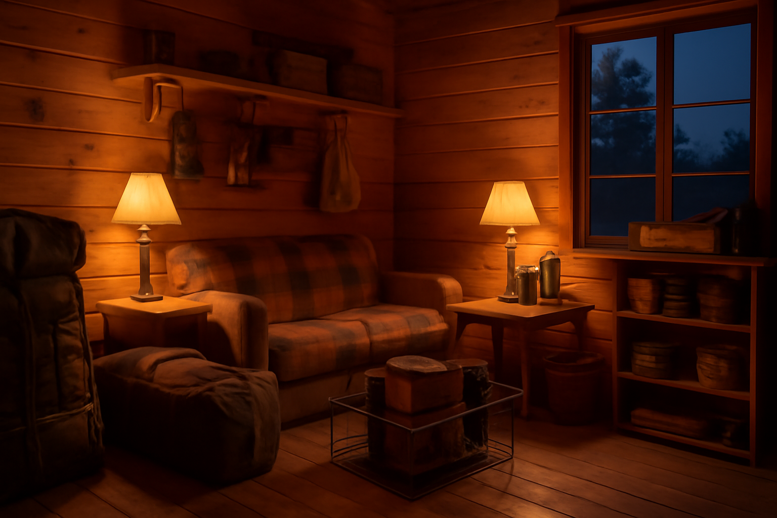 キャンプ収納テクニック:コテージの夕暮れ、次のアクションに向けて準備する温かな室内とギアの配置を表現