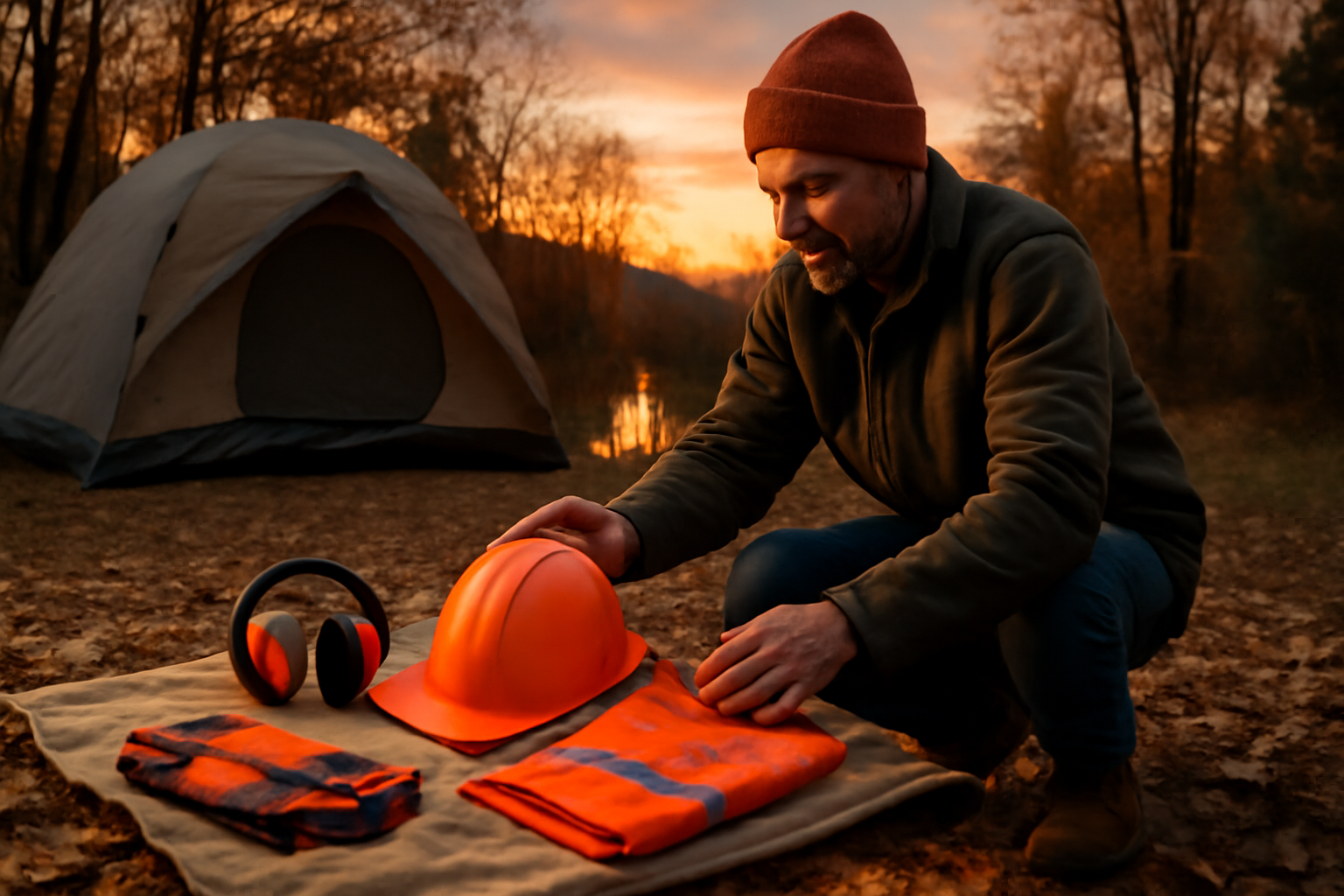 ハピキャンを参考にした安全準備を示す秋の夕暮れで道具を整理するキャンパーの場面、広角、薄暮の光