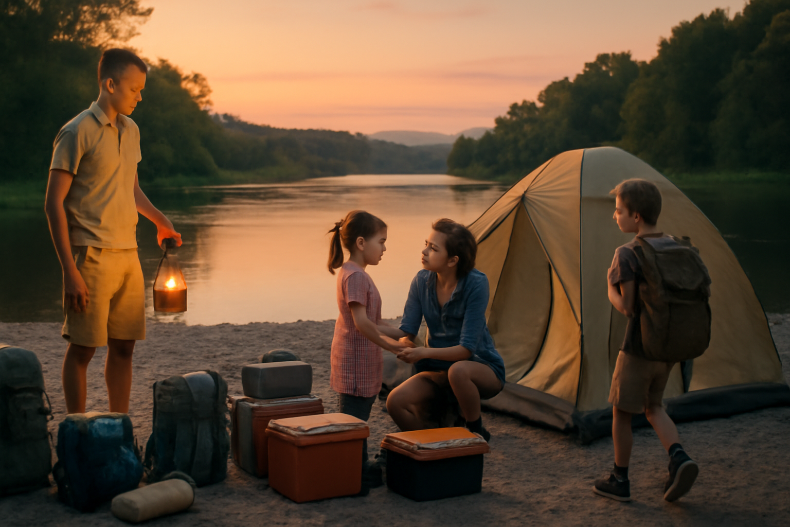 仁淀川 川辺で荷物配置を写真に残すことで出発前の安心感を高める風景。夕暮れの柔らかな光の下で家族が準備をする場面。