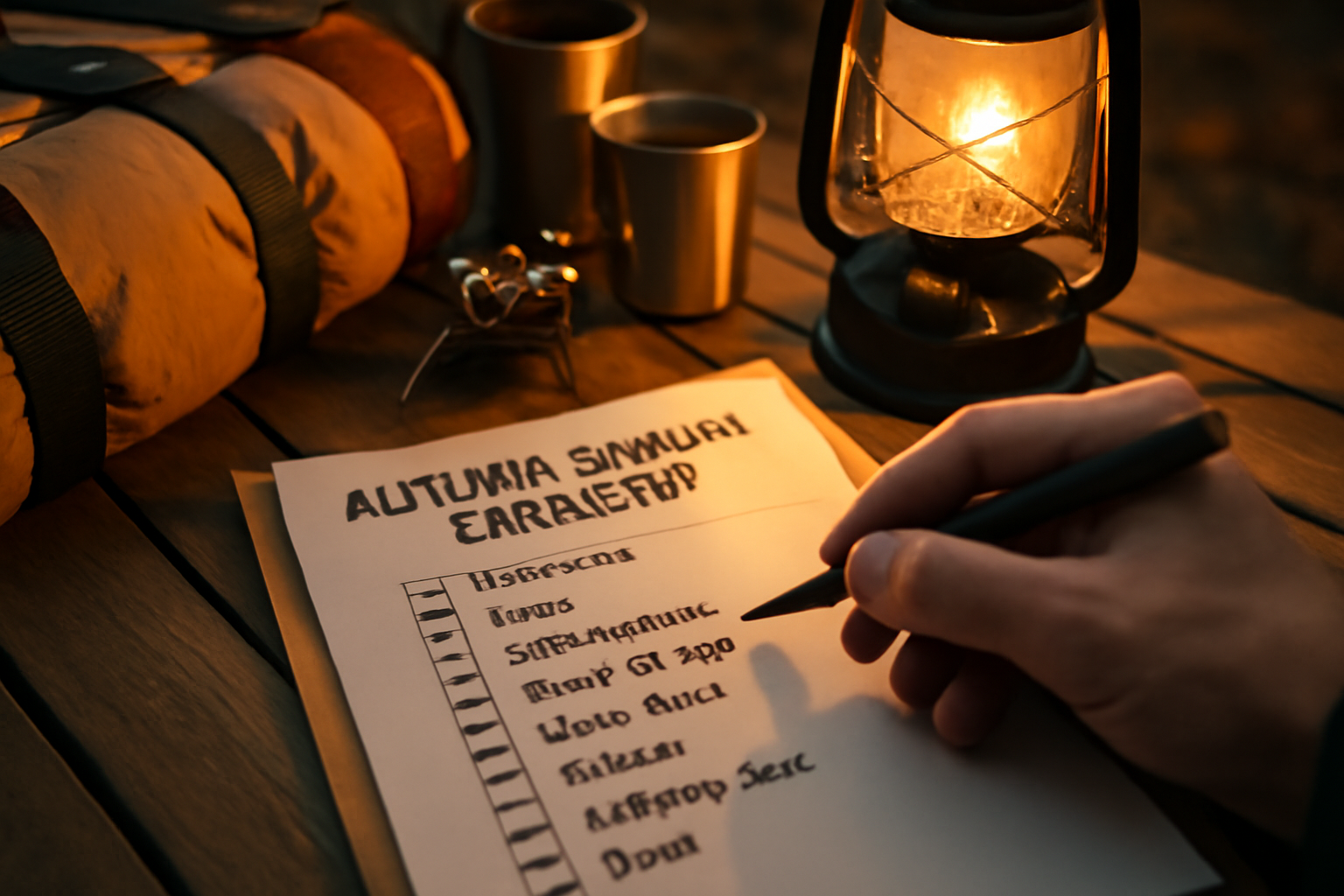 秋キャンプ:テーブル上のチェックリストとキャンプギア。予約や準備を確認する様子を夕暮れの屋外で近接撮影した写真