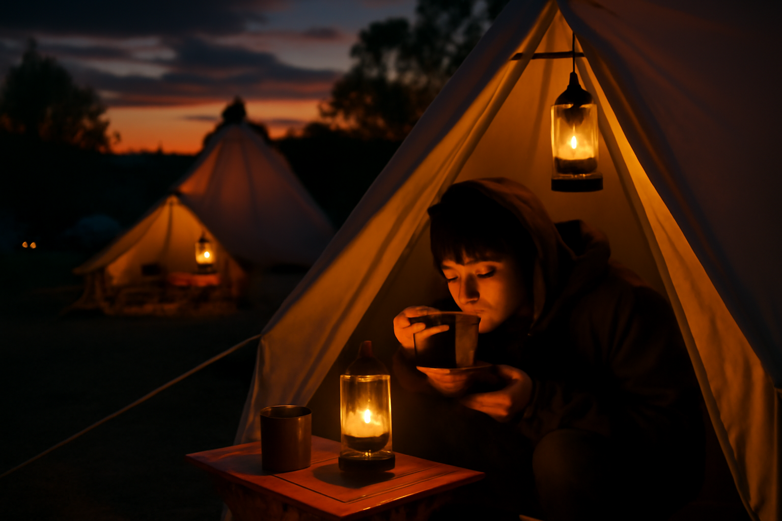 夕暮れのキャンプサイトでこっそりと食事する様子