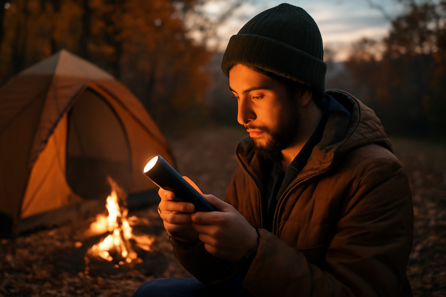 電池を選ばない懐中電灯を持って夕暮れのキャンプで点検する情景、秋の穏やかな空気と穏やかな光を横長で表現する