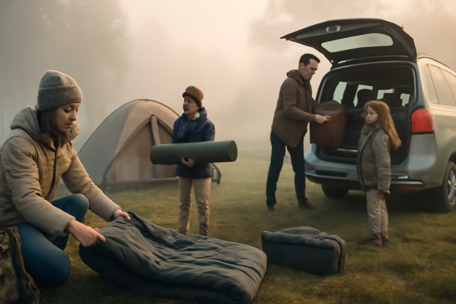 車中泊セット術：朝靄のキャンプ場で装備を整える家族の様子、柔らかな朝光と広角で撮影
