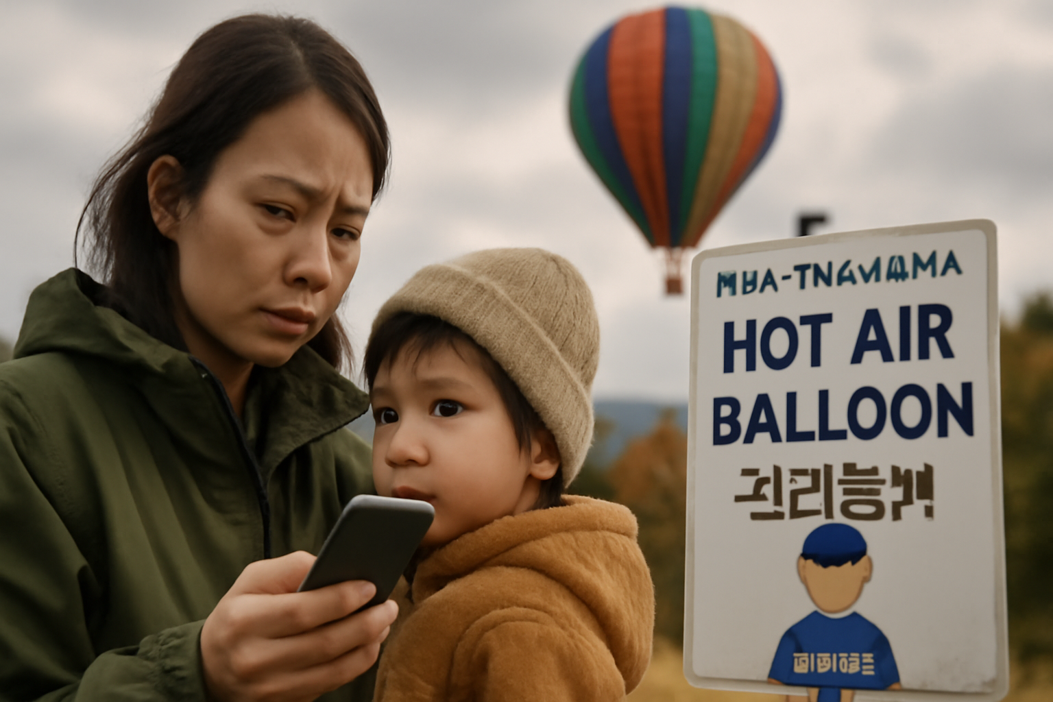 飛騨高山熱気球の当日案内を確認する親子の情景、秋の曇り空とスタッフの看板を背景にした役立つ行動を示す写真