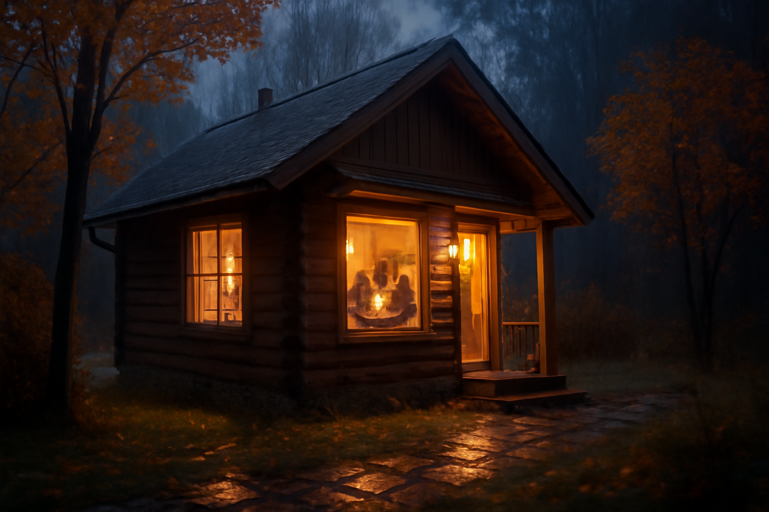 いがしらリゾートの雨天時の代替案：コテージの夕暮れ、暖かな室内の家族の様子を描写した写真